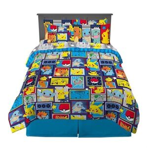 Pokemon Pikachu Kids Full Size 9 Piece Reversible Comforter Set with Curtains